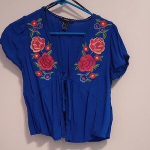 Forever 21 Royal Blue Floral Embroidered Blouse